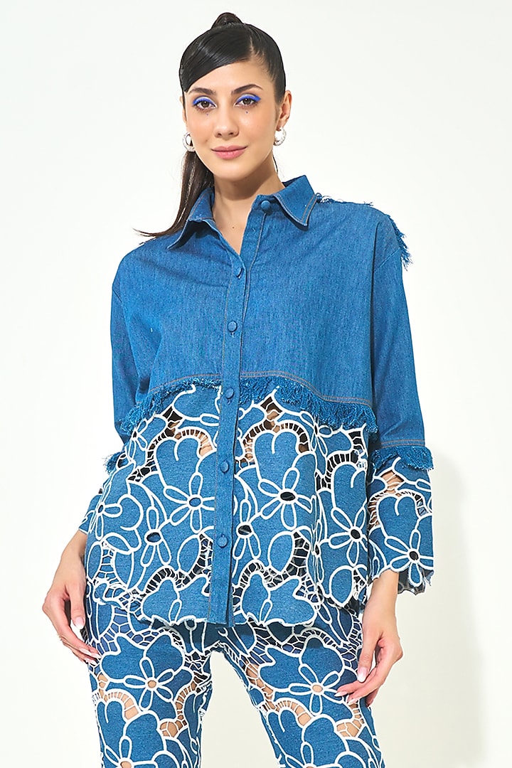 Dark Blue Denim Cutwork Embroidered Co-Ord Set by QALA CLOTHING at Pernia's Pop Up Shop