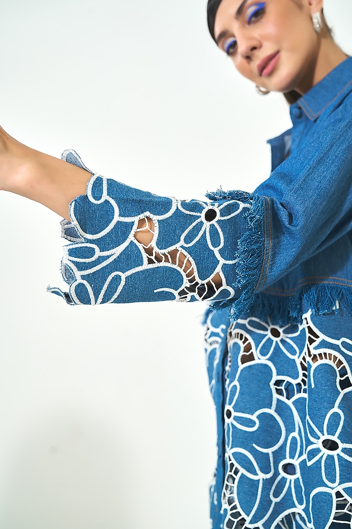 Dark Blue Denim Cutwork Embroidered Co-Ord Set by QALA CLOTHING at Pernia's Pop Up Shop