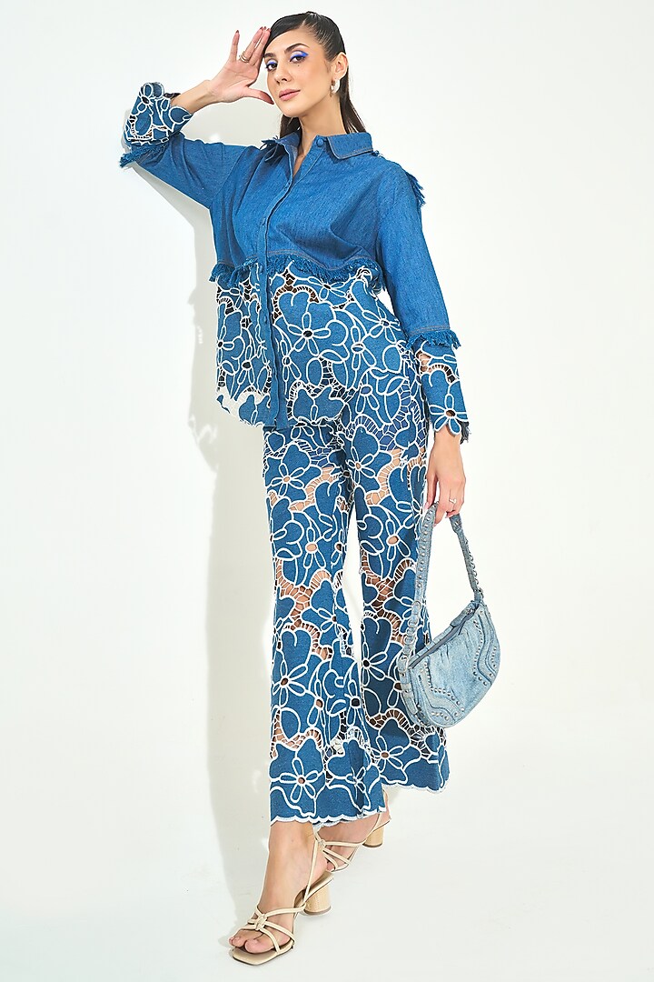Dark Blue Denim Cutwork Embroidered Co-Ord Set by QALA CLOTHING at Pernia's Pop Up Shop