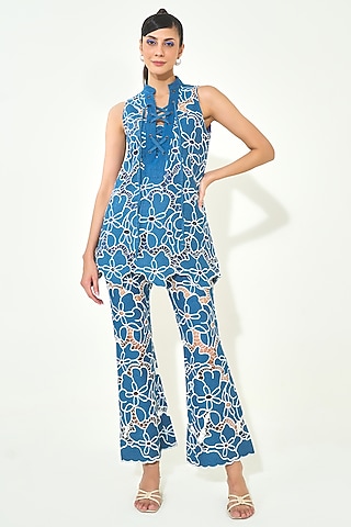 Dark Blue Denim Cutwork Embroidered Co-Ord Set by QALA CLOTHING