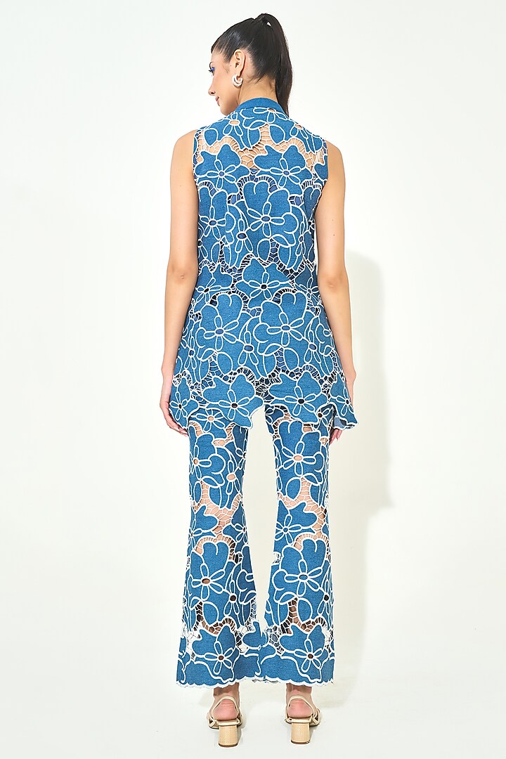 Dark Blue Denim Cutwork Embroidered Co-Ord Set by QALA CLOTHING at Pernia's Pop Up Shop