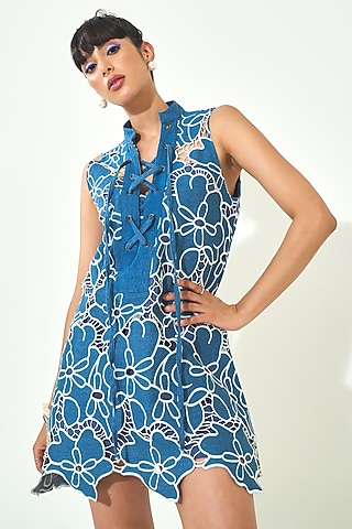 Dark Blue Denim Cutwork Embroidered Dress by QALA CLOTHING