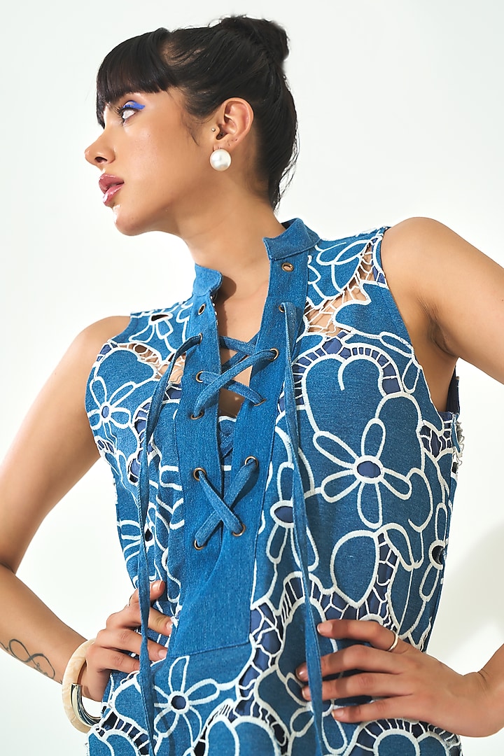 Dark Blue Denim Cutwork Embroidered Summer Dress by QALA CLOTHING at Pernia's Pop Up Shop