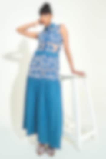 Dark Blue Denim Cutwork Embroidered Maxi Summer Dress by QALA CLOTHING at Pernia's Pop Up Shop