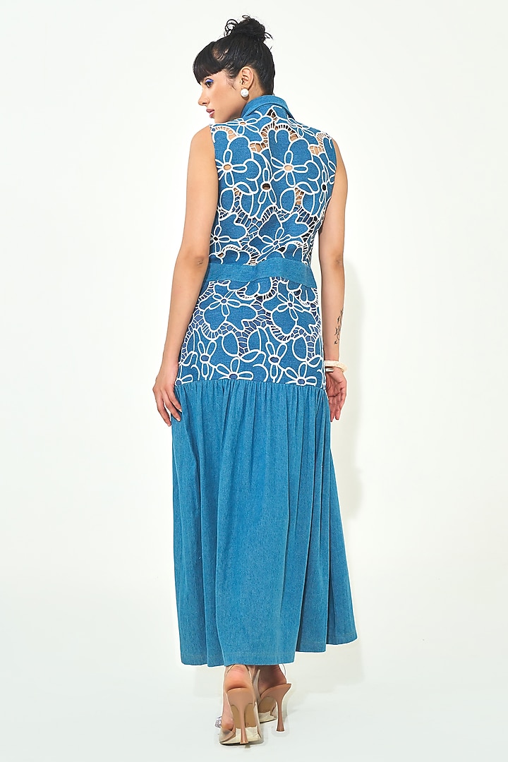 Dark Blue Denim Cutwork Embroidered Maxi Summer Dress by QALA CLOTHING at Pernia's Pop Up Shop