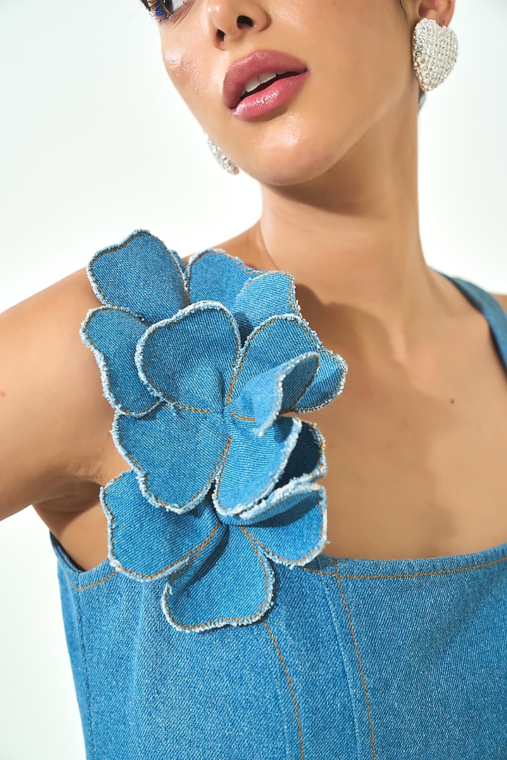Dark Blue Denim 3D Floral Embroidered Maxi Summer Dress by QALA CLOTHING at Pernia's Pop Up Shop