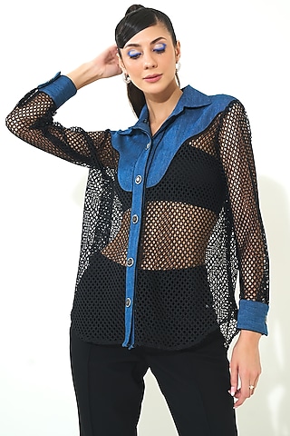 Blue & Black Denim Shirt by QALA CLOTHING