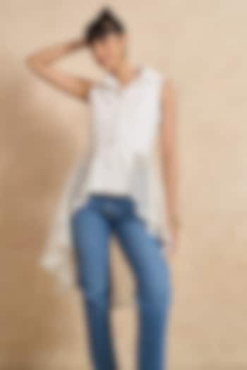 White Denim & Mesh High Low Shirt by QALA CLOTHING at Pernia's Pop Up Shop