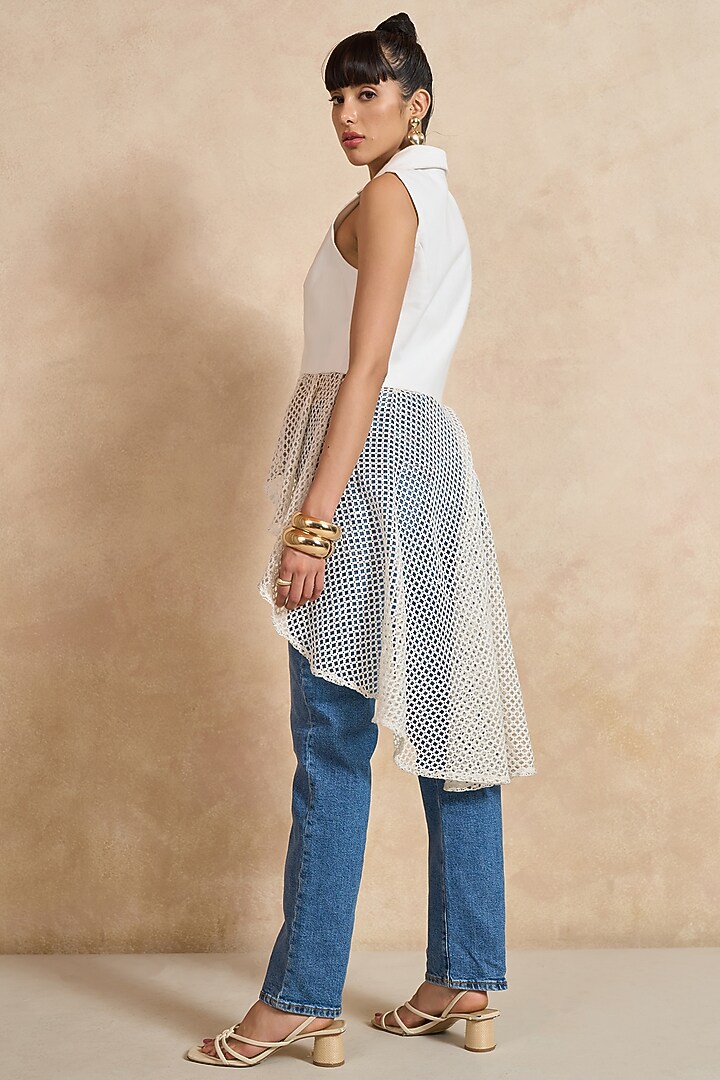 White Denim & Mesh High Low Shirt by QALA CLOTHING at Pernia's Pop Up Shop