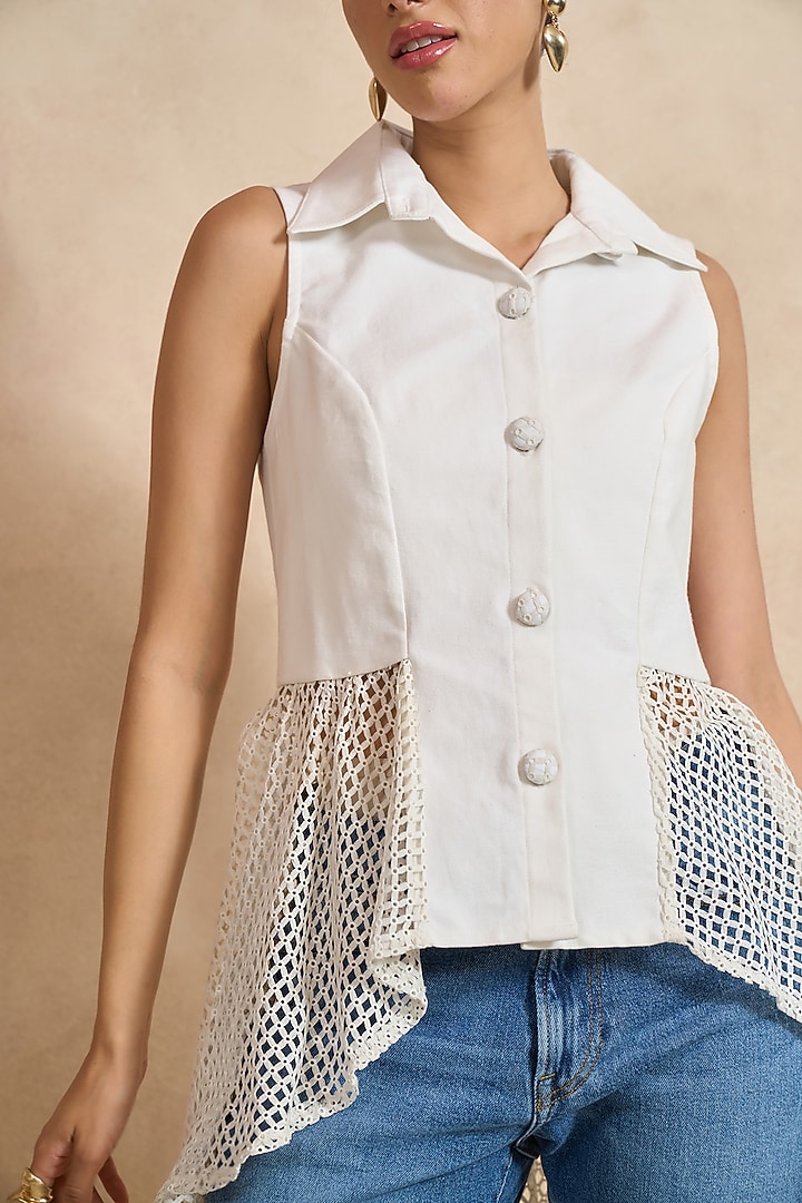 White Denim & Mesh High Low Shirt by QALA CLOTHING at Pernia's Pop Up Shop