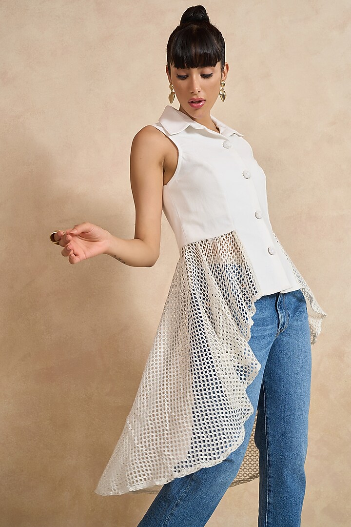 White Denim & Mesh High Low Shirt by QALA CLOTHING at Pernia's Pop Up Shop