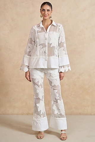 White Mesh Floral Embroidered Co-Ord Set by QALA CLOTHING