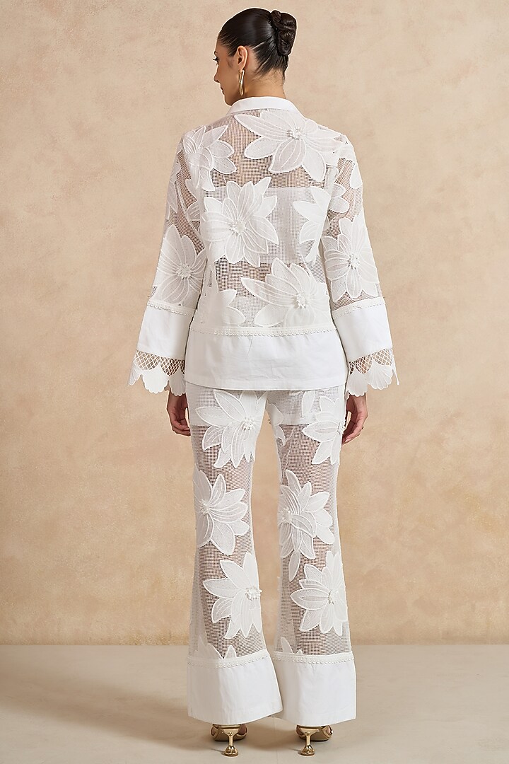 White Mesh Floral Embroidered Co-Ord Set by QALA CLOTHING at Pernia's Pop Up Shop