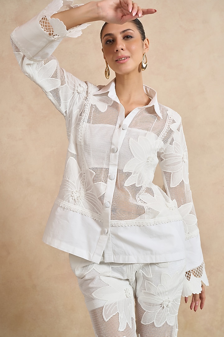 White Mesh Floral Embroidered Co-Ord Set by QALA CLOTHING at Pernia's Pop Up Shop