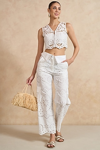 White Cotton Cutwork Embroidered Co-Ord Set by QALA CLOTHING