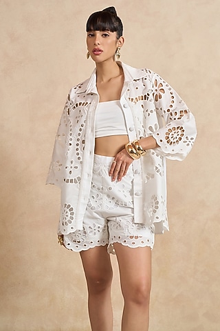White Cotton Cutwork Embroidered Co-Ord Set by QALA CLOTHING