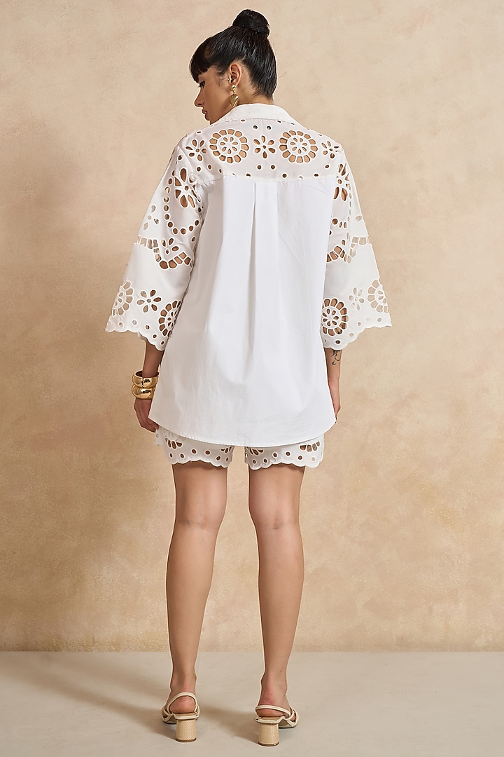 White Cotton Cutwork Embroidered Co-Ord Set by QALA CLOTHING at Pernia's Pop Up Shop