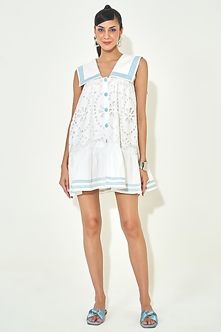 White Cotton Cutwork Embroidered Dress by QALA CLOTHING