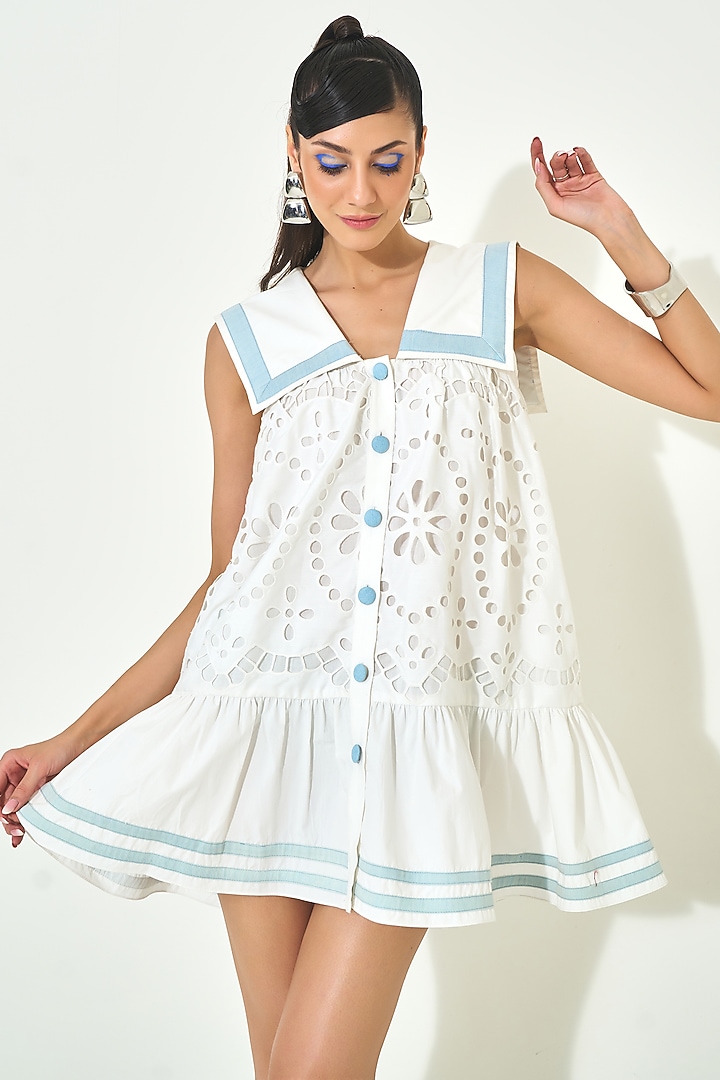 White Cotton Cutwork Embroidered Summer Dress by QALA CLOTHING at Pernia's Pop Up Shop