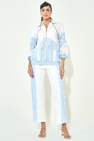 Blue Denim Embroidered Co-Ord Set by QALA CLOTHING