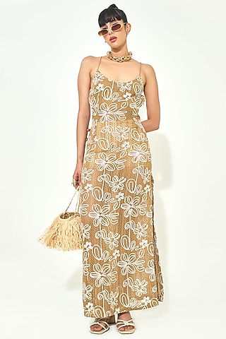 Beige Knit Maxi Dress by QALA CLOTHING