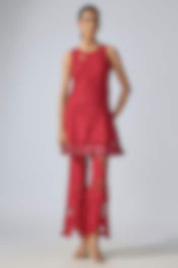 Red Cotton Schiffli Embroidered Co-ord Set by QALA CLOTHING at Pernia's Pop Up Shop