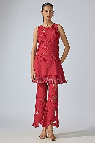 Red Cotton Schiffli Embroidered Co-ord Set by QALA CLOTHING