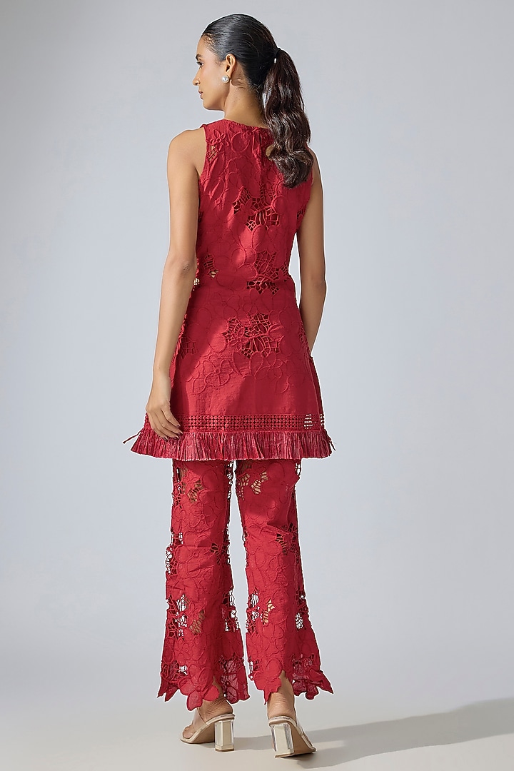 Red Cotton Schiffli Embroidered Co-ord Set by QALA CLOTHING at Pernia's Pop Up Shop