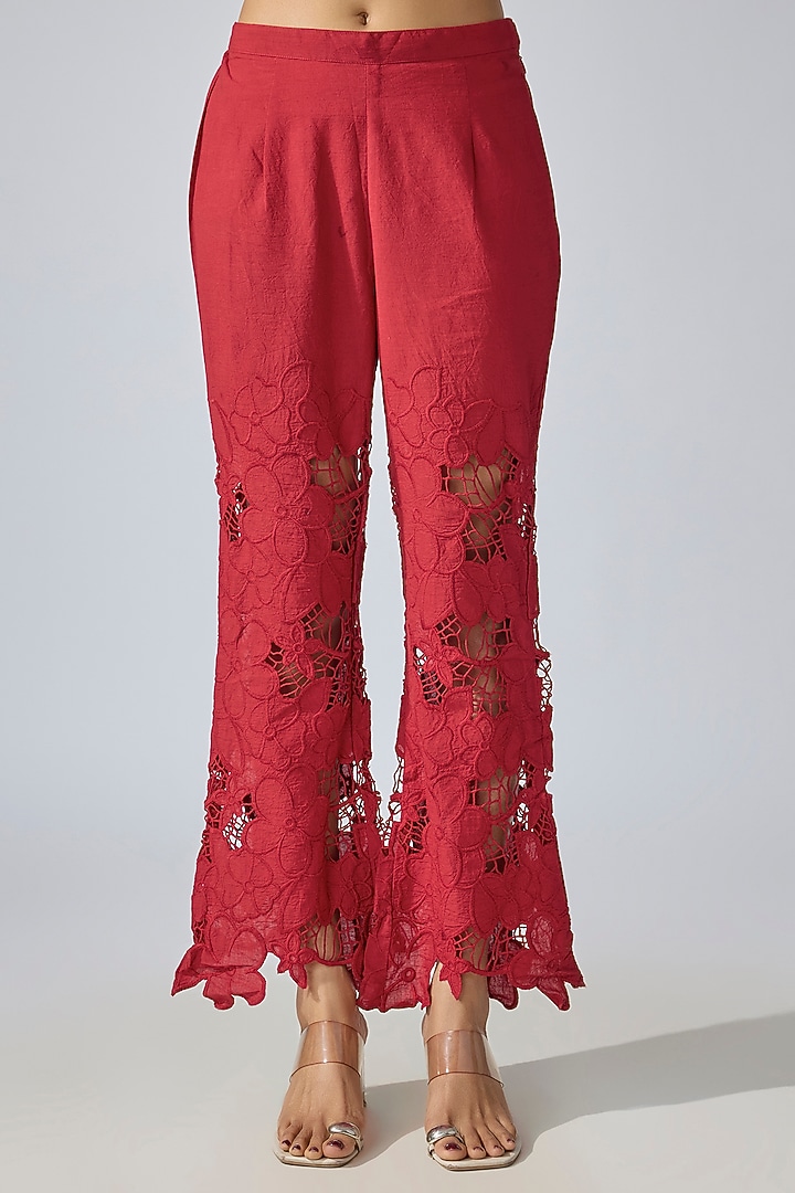 Red Cotton Schiffli Embroidered Co-ord Set by QALA CLOTHING at Pernia's Pop Up Shop