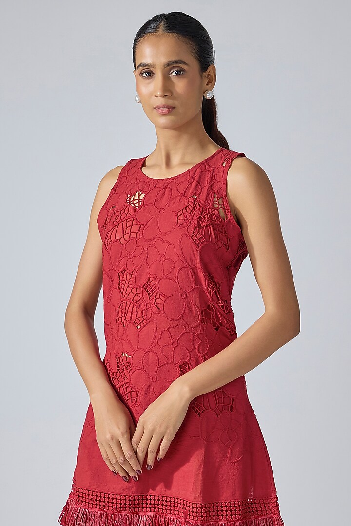 Red Cotton Schiffli Embroidered Co-ord Set by QALA CLOTHING at Pernia's Pop Up Shop