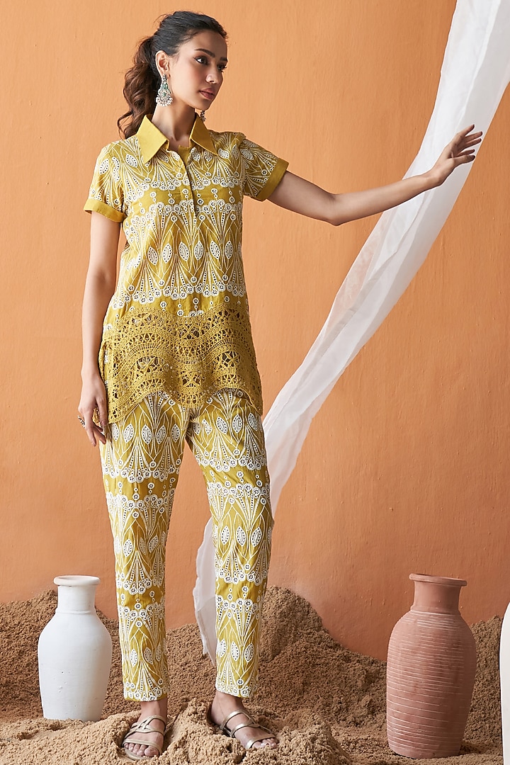 Mustard Yellow Cotton Schiffli Embellished Co-Ord Set by QALA CLOTHING