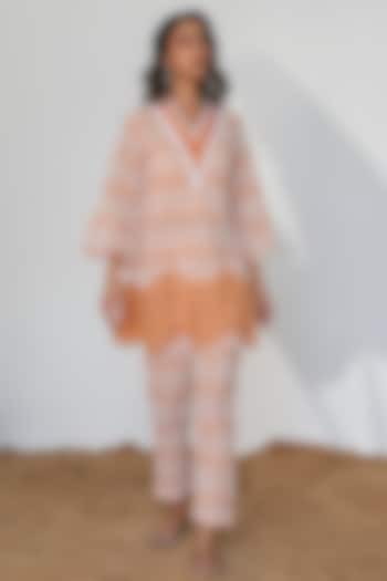 Orange Cotton Schiffli Embroidered Co-Ord Set by QALA CLOTHING