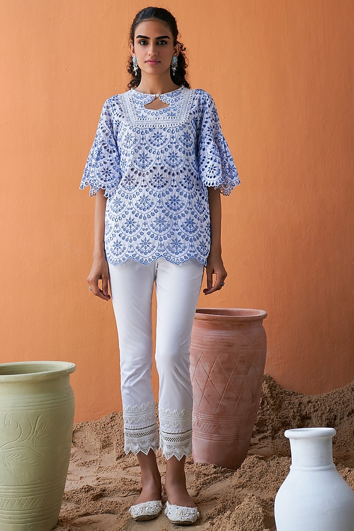 Ivory Cotton Poplin & Cotton Schiffli Co-Ord Set by QALA CLOTHING