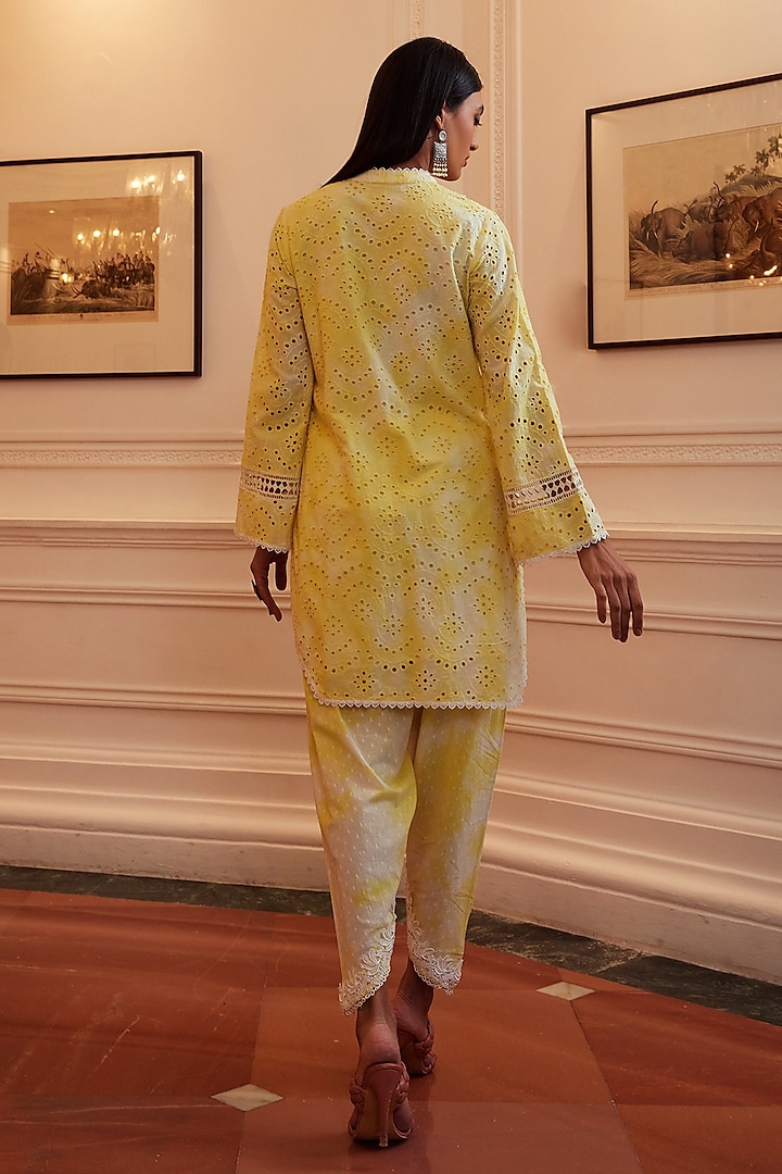 Yellow Cotton Schiffli Tie-Dye Dhoti Set by QALA CLOTHING