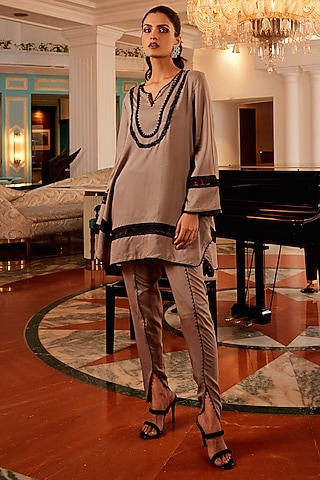 Grey Cotton Cambric Dhoti Set by QALA CLOTHING