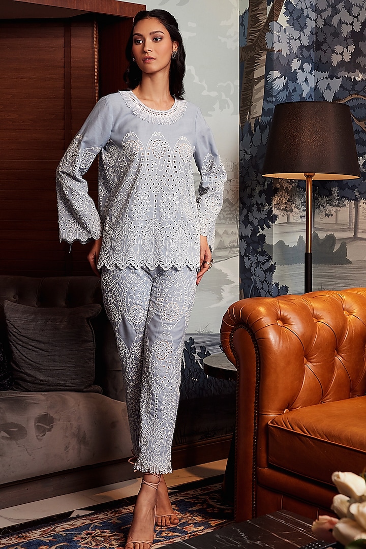 Powder Blue Cotton Schiffli Co-Ord Set by QALA CLOTHING at Pernia's Pop Up Shop