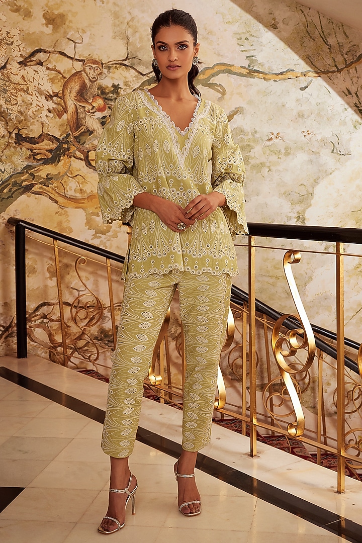 Mint Green Cotton Schiffli Co-Ord Set by QALA CLOTHING at Pernia's Pop Up Shop