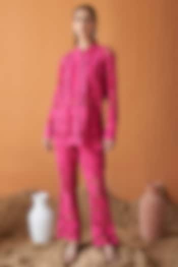 Fuchsia Pink Cotton Schiffli Lace Embroidered Co-Ord Set by QALA CLOTHING at Pernia's Pop Up Shop