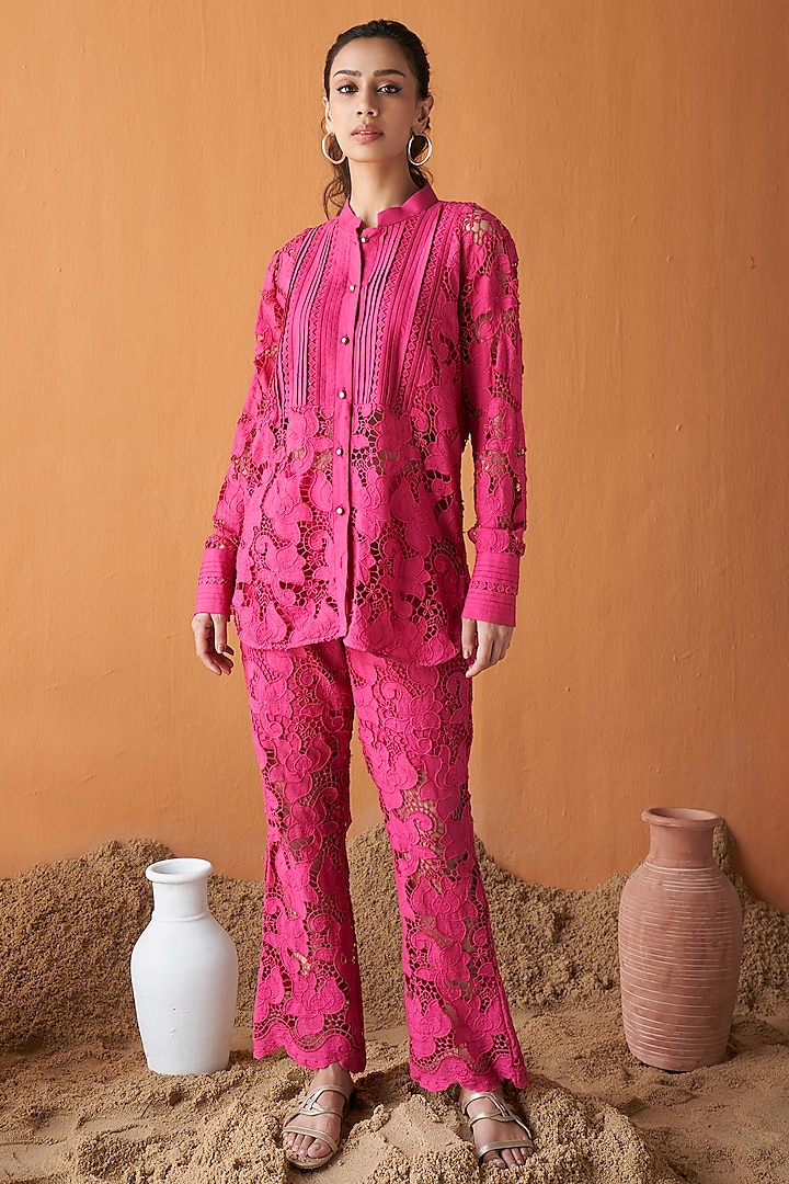 Fuchsia Pink Cotton Schiffli Lace Embroidered Co-Ord Set by QALA CLOTHING at Pernia's Pop Up Shop