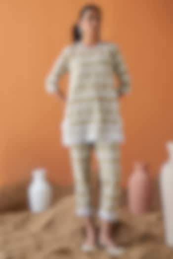 Olive Cotton Schiffli Lace Embroidered Co-Ord Set by QALA CLOTHING at Pernia's Pop Up Shop