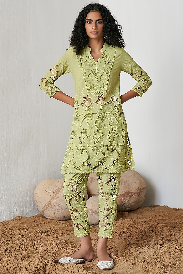 Mint Green Cotton Schiffli Cutwork Co-Ord Set by QALA CLOTHING