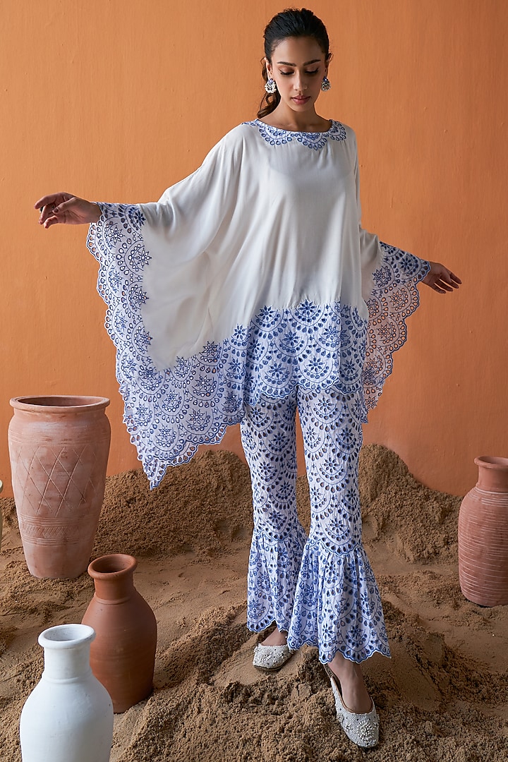 Ivory & Blue Cotton Schiffli Kaftan Set by QALA CLOTHING at Pernia's Pop Up Shop