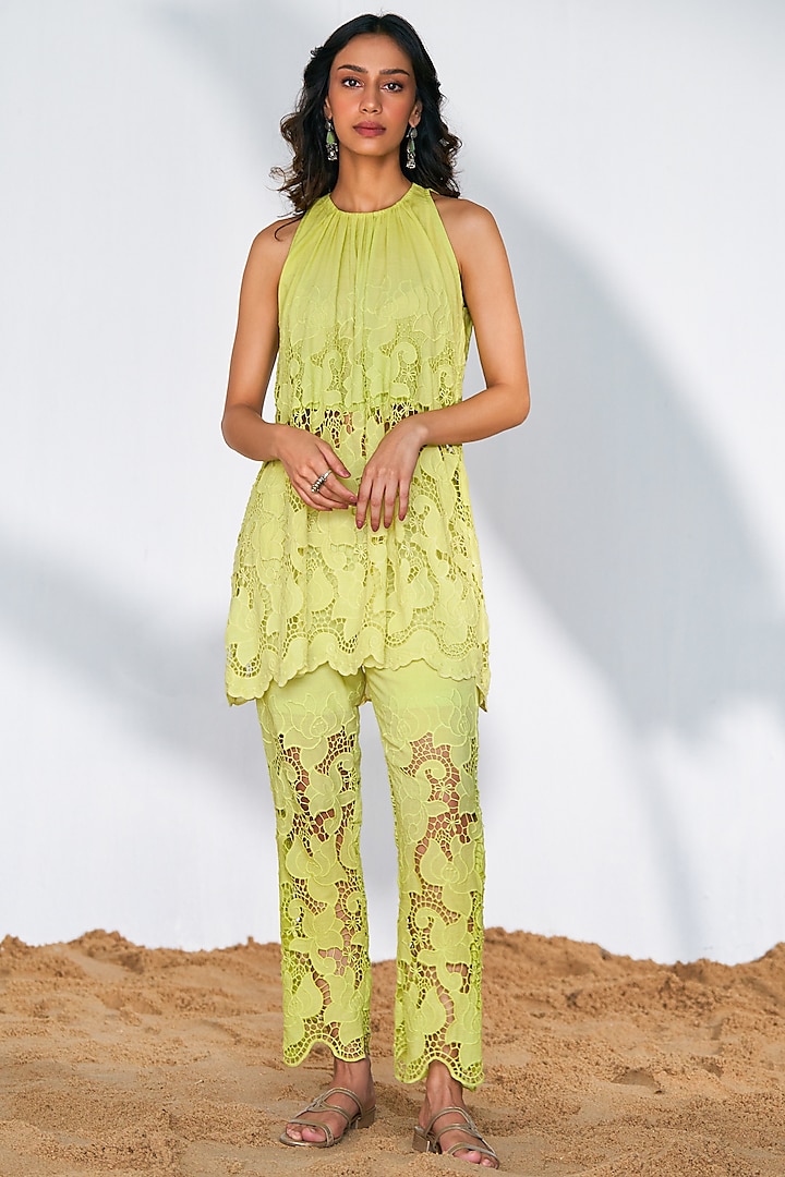 Mint Green Cotton Schiffli Co-Ord Set by QALA CLOTHING