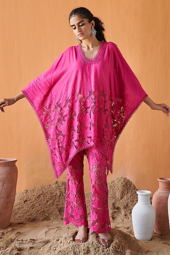 Fuchsia Pink Cotton Schiffli Kaftan Set by QALA CLOTHING