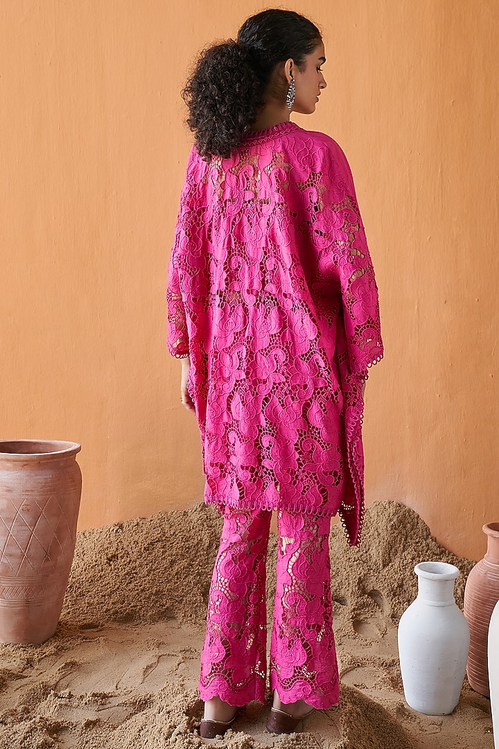 Fuchsia Pink Cotton Schiffli Kaftan Set by QALA CLOTHING at Pernia's Pop Up Shop