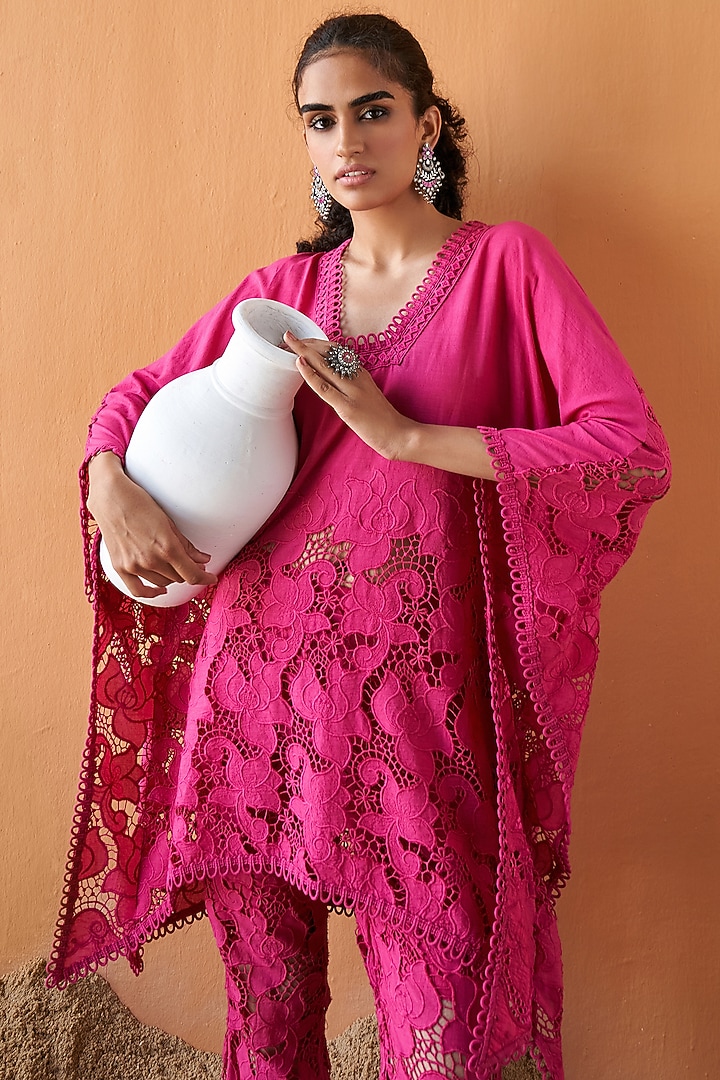 Fuchsia Pink Cotton Schiffli Kaftan Set by QALA CLOTHING at Pernia's Pop Up Shop