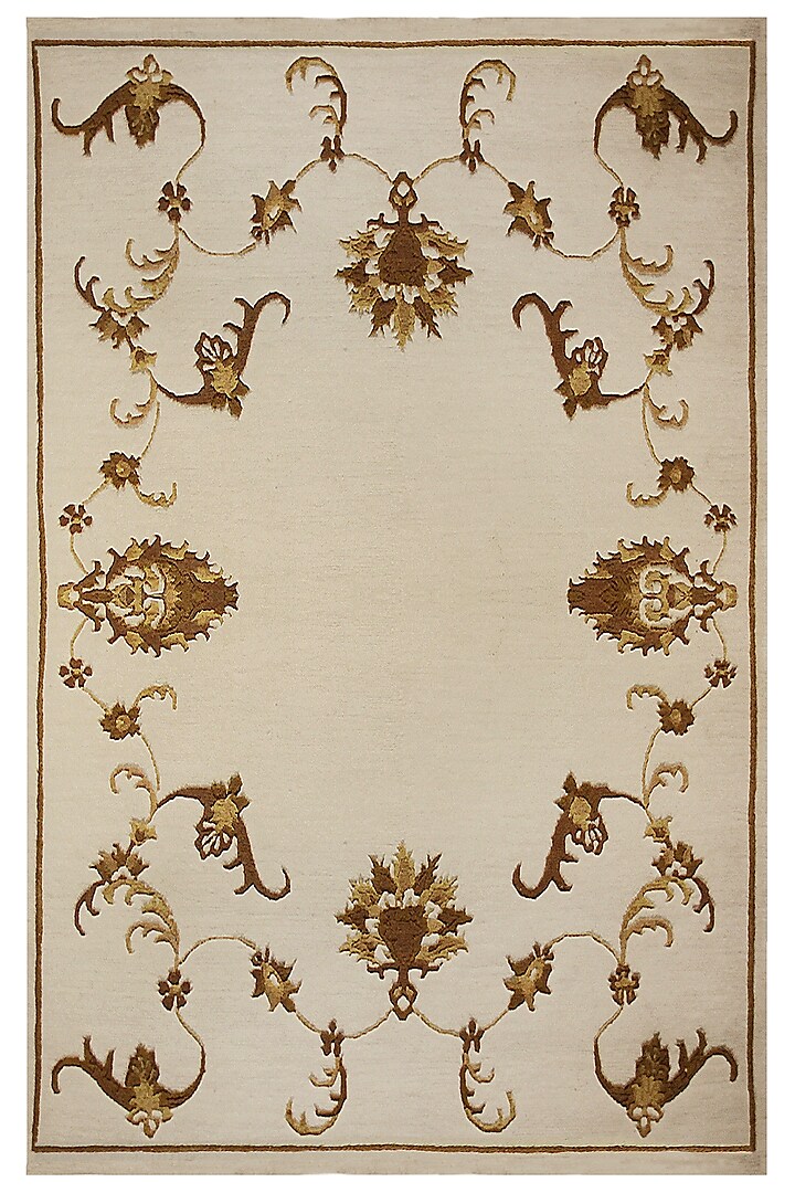 Cream & Gold Wool Handcrafted Carpet by QAALEEN