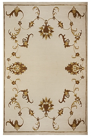 Cream & Gold Wool Handcrafted Carpet by QAALEEN