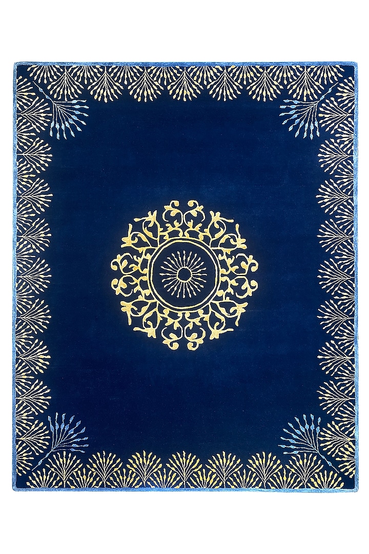 Blue Golden Wool & Silk Handcrafted Carpet by QAALEEN at Pernia's Pop Up Shop