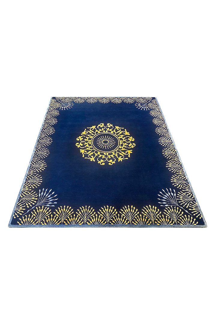 Blue Golden Wool & Silk Handcrafted Carpet by QAALEEN at Pernia's Pop Up Shop